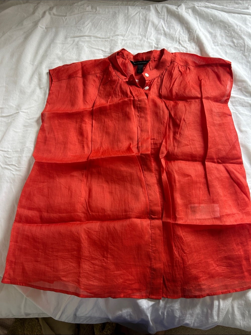 Banana Republic Coral-Red Mandarin Collar Sheer Top sheer